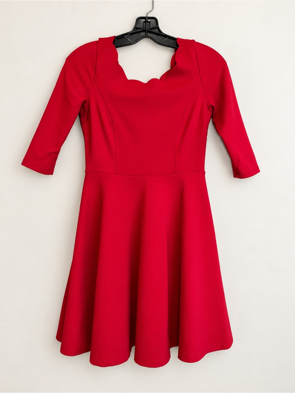 Lulus Red Scalloped Neck Fit & Flare Dress Women’s 3/4 Sleeve Pinup Party S/M